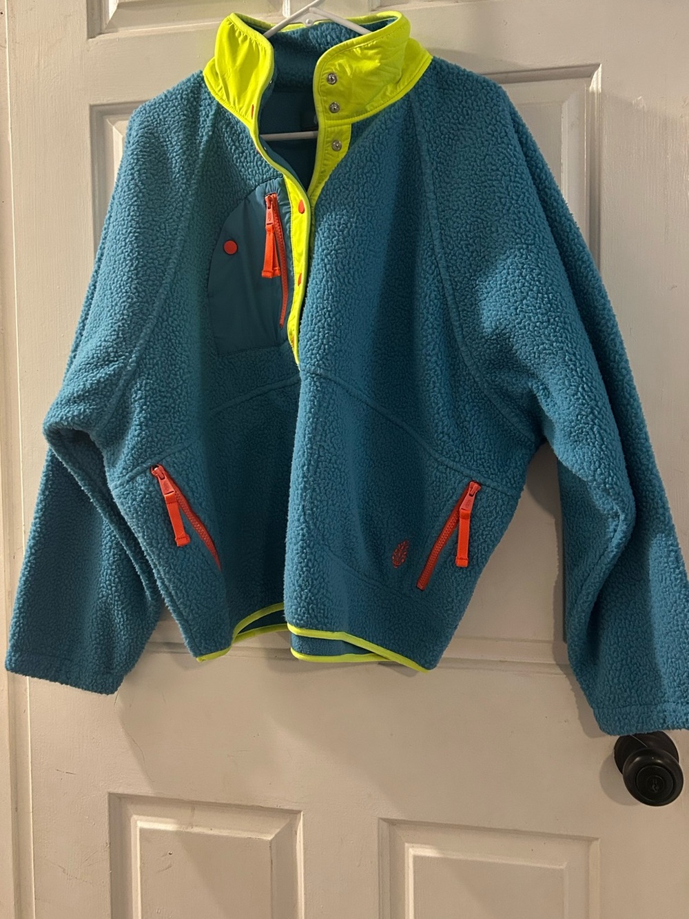 Free People Teal Sherpa Jacket with Neon Yellow Trim and Orange Zippers